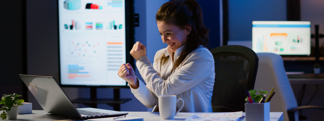 excited woman feel ecstatic reading great online news laptop working overtime start up company office happy employee using modern technology network wireless studying writing searching